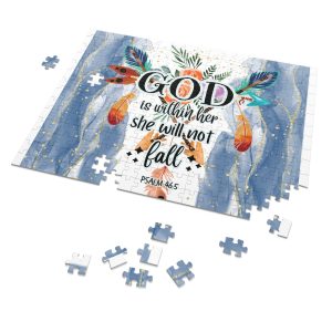 Inspirational Psalm 46:5 Jigsaw Puzzle with Tin — 'God is Within Her, She Will Not Fall'